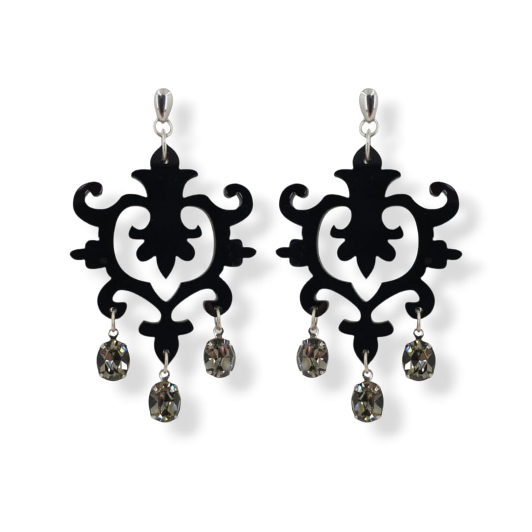 Orecchini in plexiglass nero, Cristallo Swarovski fumo e argento 925..