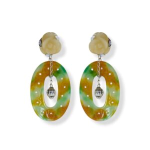 Orecchini con ovale in giada multicolore, rosellina in calcite giallo chiaro e argento 925.
