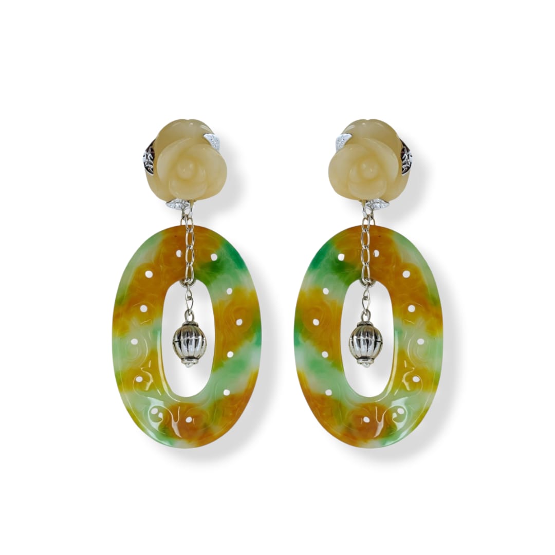 Orecchini con ovale in giada multicolore, rosellina in calcite giallo chiaro e argento 925.