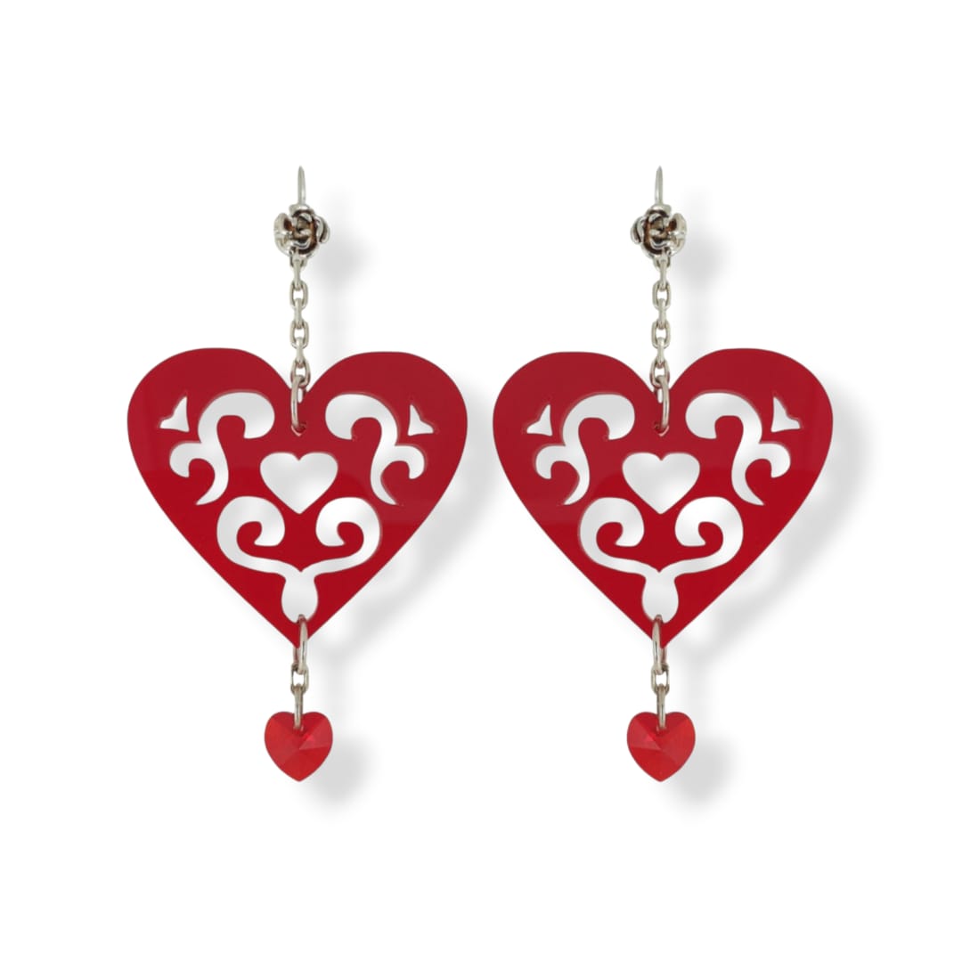 Orecchini in plexiglass rosso, Cristallo Swarovski e argento 925