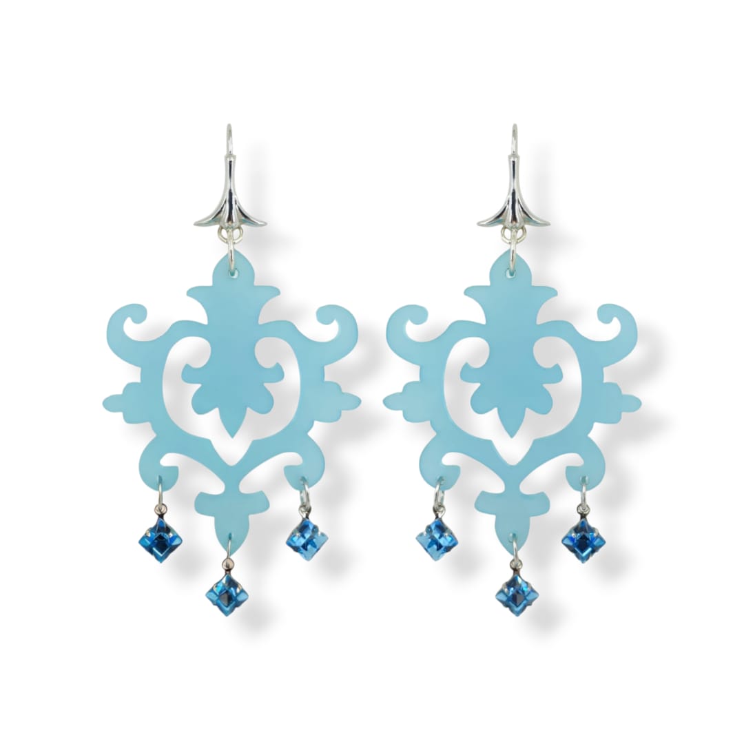 Orecchini in plexiglass celeste, Cristallo Swarovski e argento 925