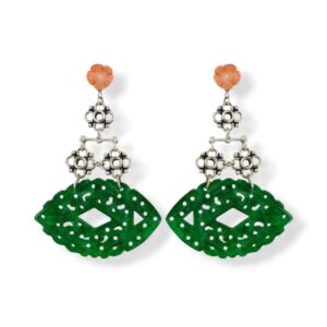 Orecchini in giada verde, corallo bambù rosa aranciato e argento 925
