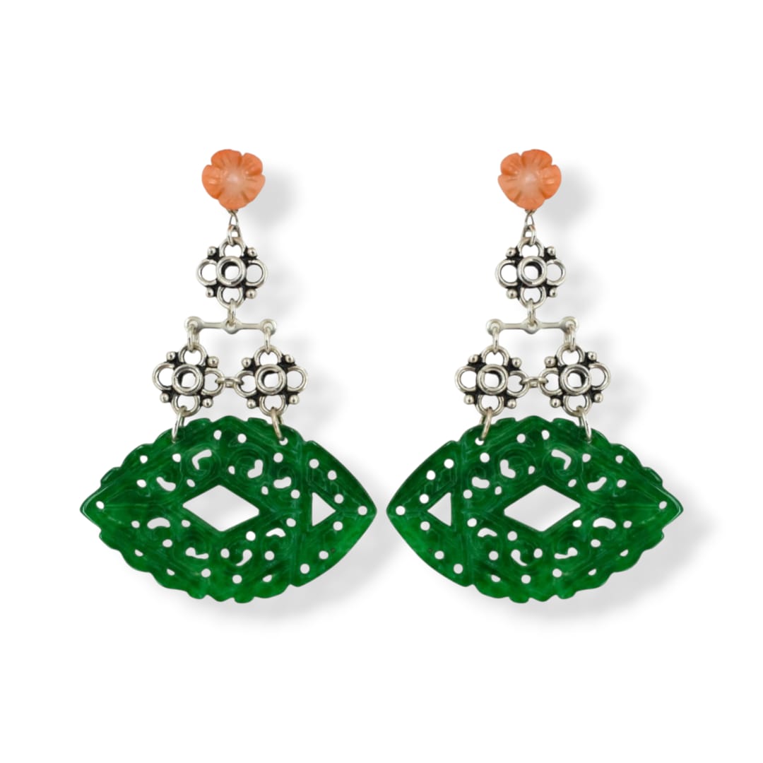 Orecchini in giada verde, corallo bambù rosa aranciato e argento 925