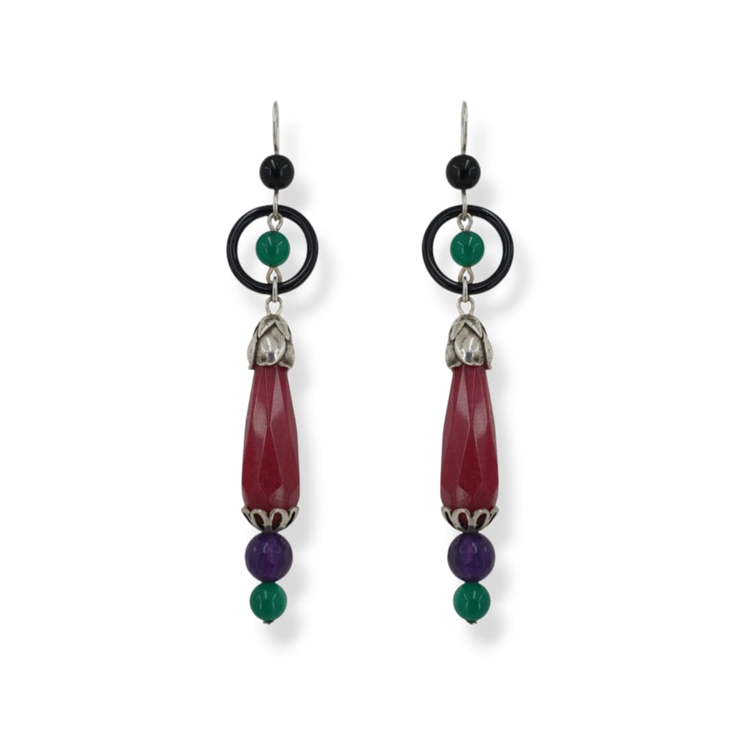 Orecchini con goccia di giada color rubino, agata verde, onice, ametista e argento 925