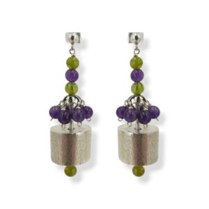 Orecchini con sferette di ametista e peridoto, cilindro in argento 925 satinato e argento 925