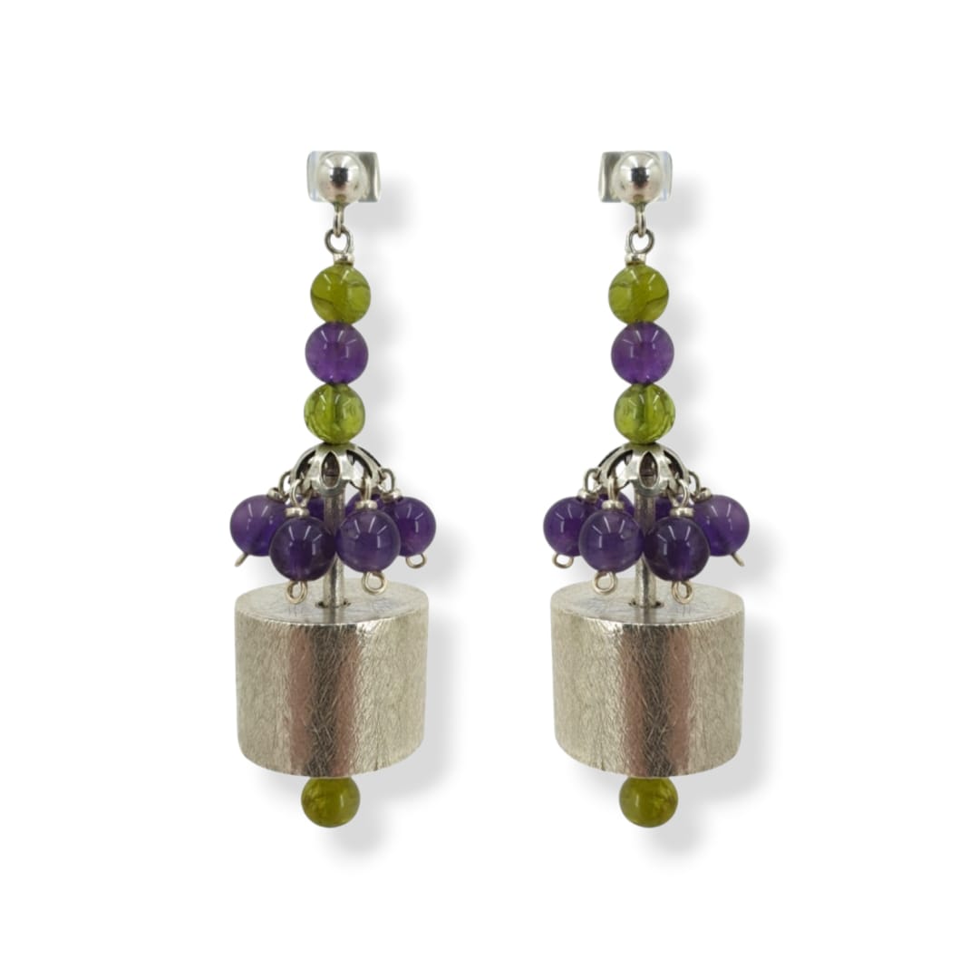 Orecchini con sferette di ametista e peridoto, cilindro in argento 925 satinato e argento 925