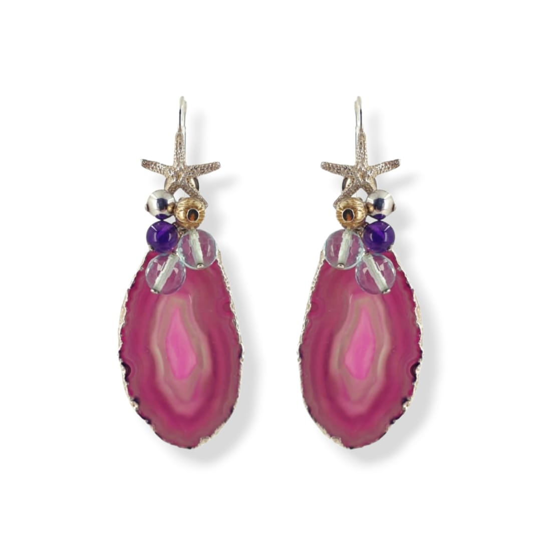 Orecchini in agata brasiliana fucsia, ametista, quarzo celeste e argento 925