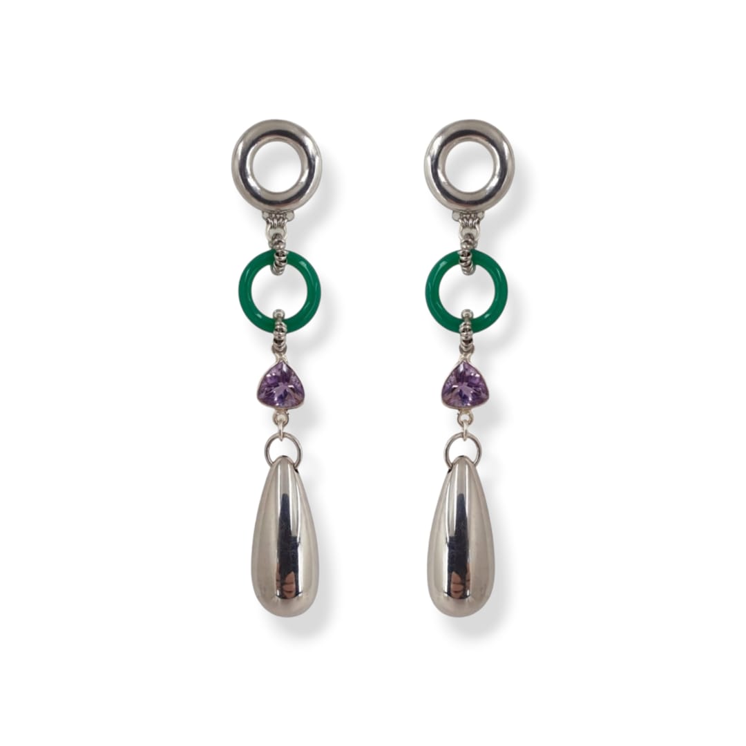 Orecchini con goccia in argento, cerchio di agata verde, ametista triangolare e argento 925