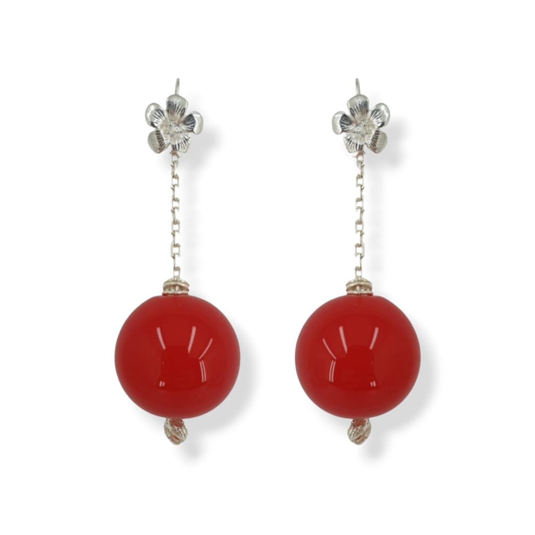 Orecchini con sfera in vetro soffiato rosso e argento 925