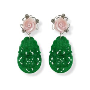 Orecchini con piastra di giada verde, rosa in conchiglia rosata e argento 925