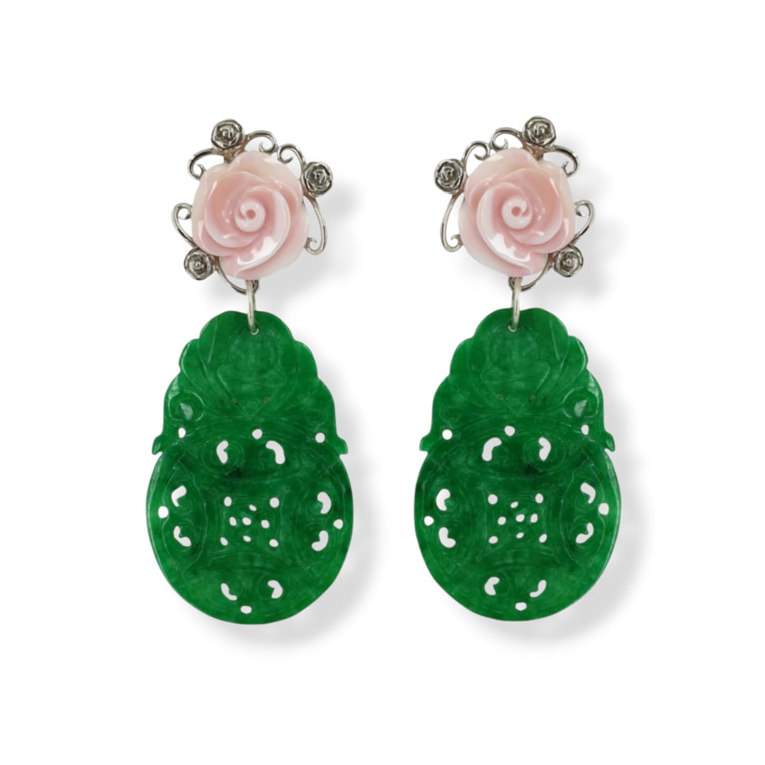 Orecchini con piastra di giada verde, rosa in conchiglia rosata e argento 925