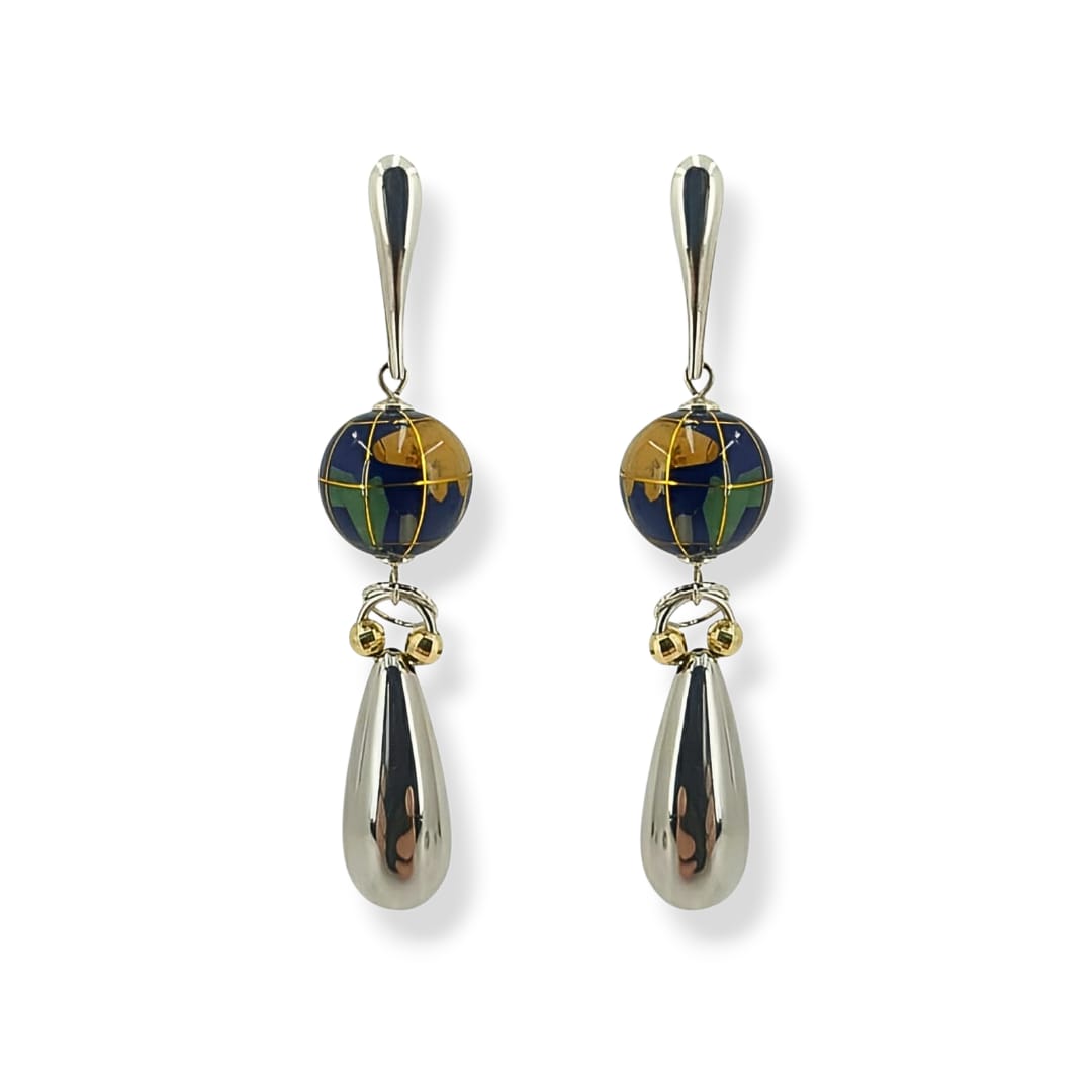 Orecchini con goccia in argento 925 lucido, globo terrestre smaltato e argento 925