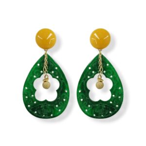 Orecchini con goccia di giada verde, semisfera di giada gialla e argento 925 dorato