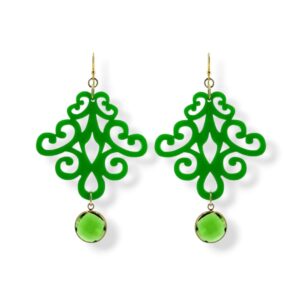 Orecchini in plexiglass verde, pendente in vetro e argento 925 dorato