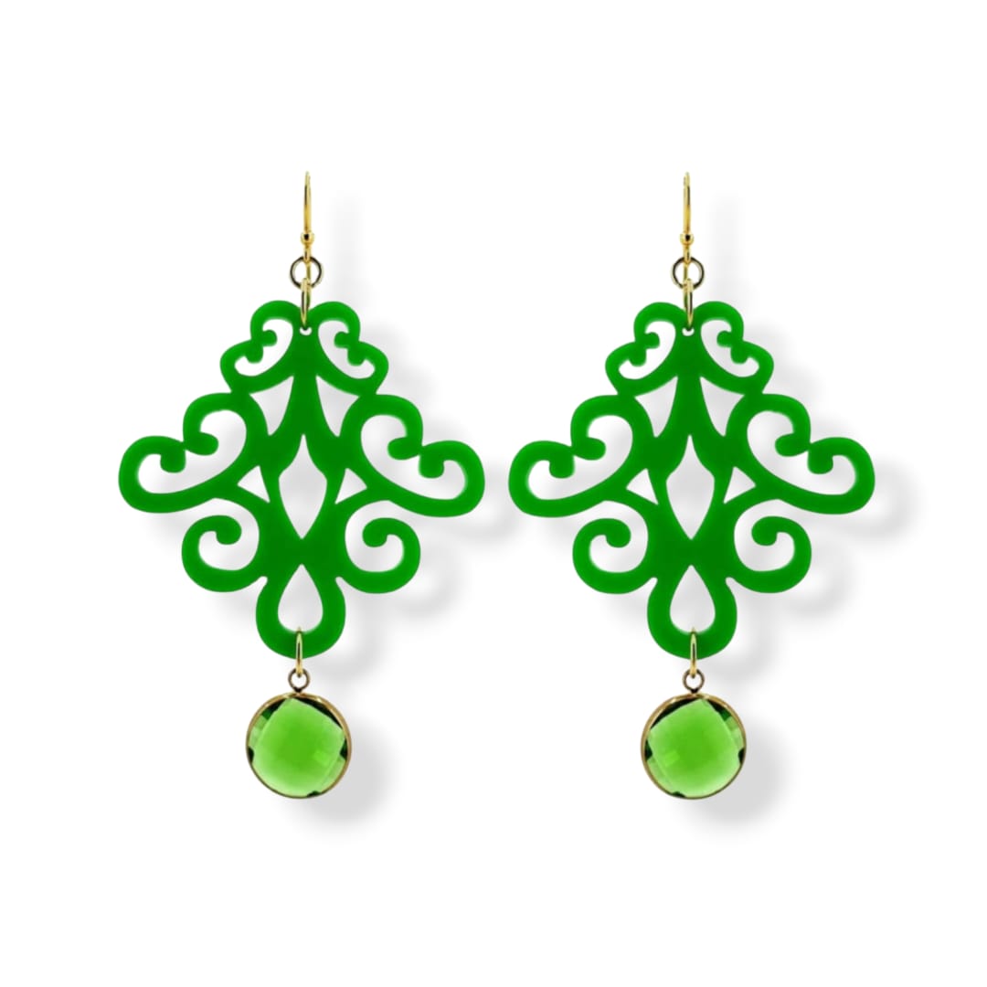 Orecchini in plexiglass verde, pendente in vetro e argento 925 dorato