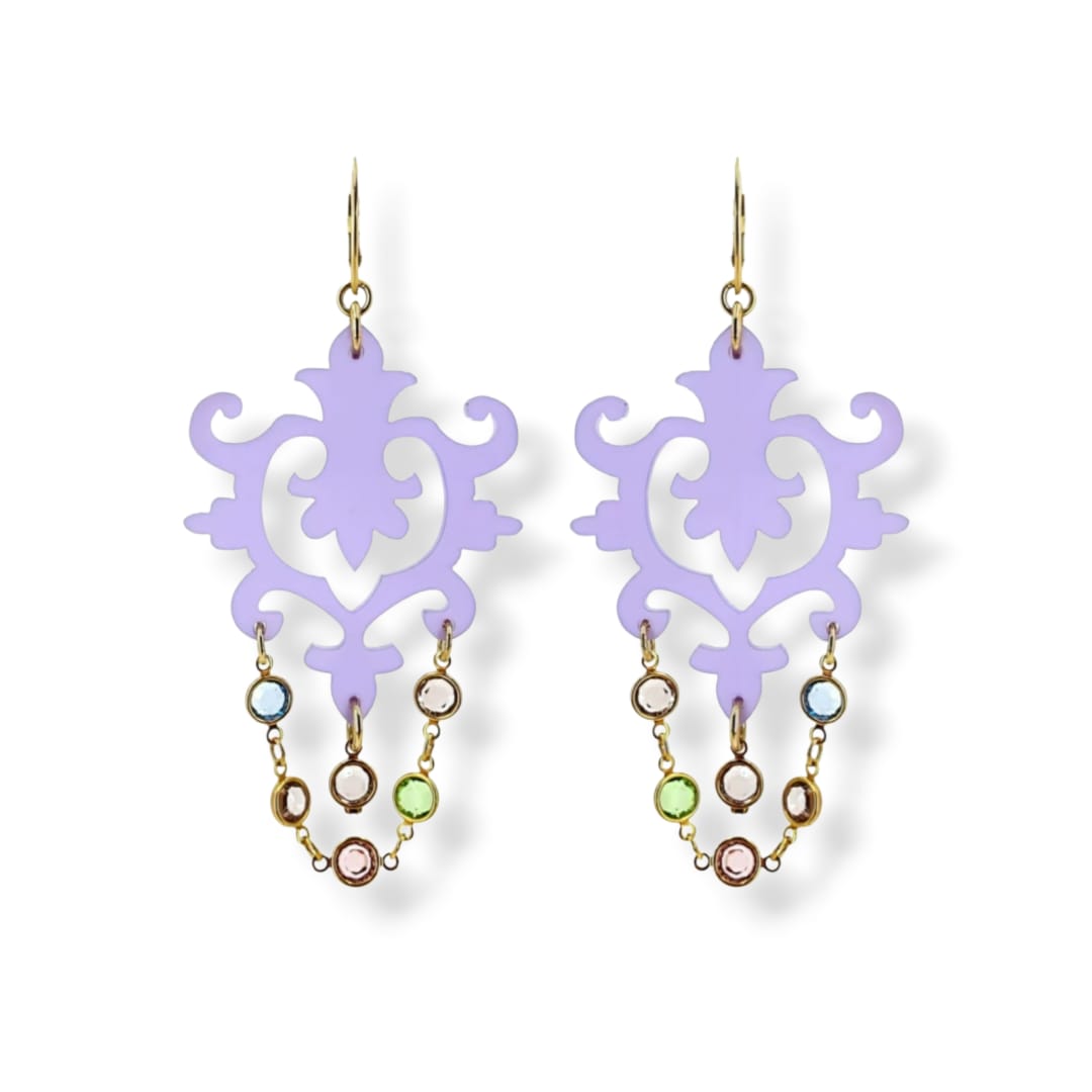 Orecchini in plexiglass lilla, Cristallo Swarovski e argento 925 dorato