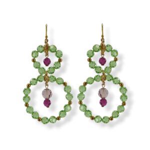 Orecchini a doppio cerchio con Cristalli Swarovski verde, lilla e fucsia e argento 925 dorato