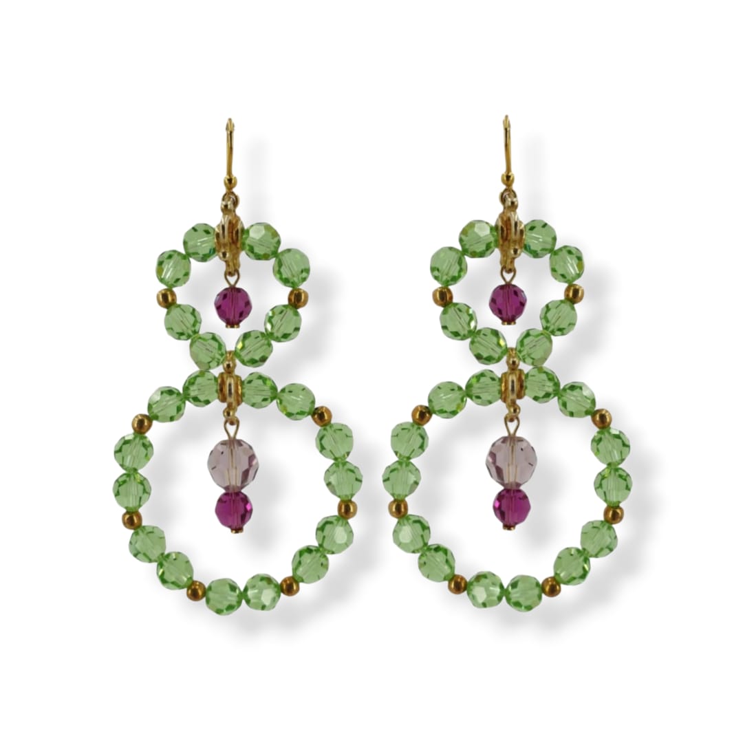 Orecchini a doppio cerchio con Cristalli Swarovski verde, lilla e fucsia e argento 925 dorato
